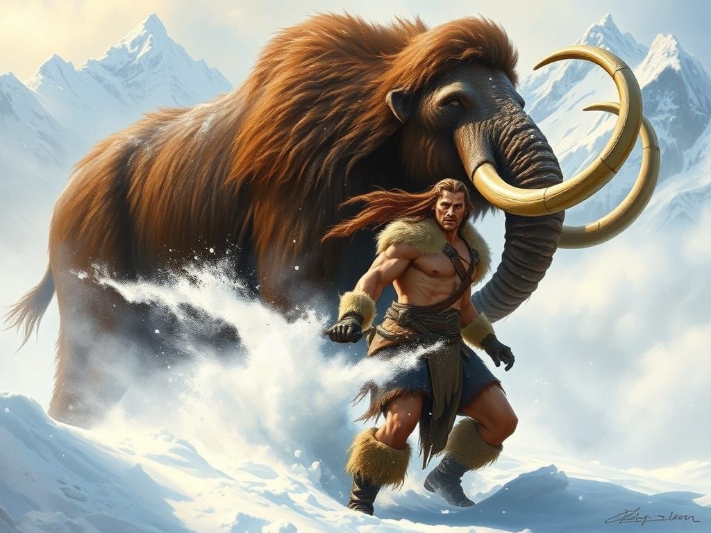 Conan Battles a Majestic Mammoth in a Snowy Blizzard
