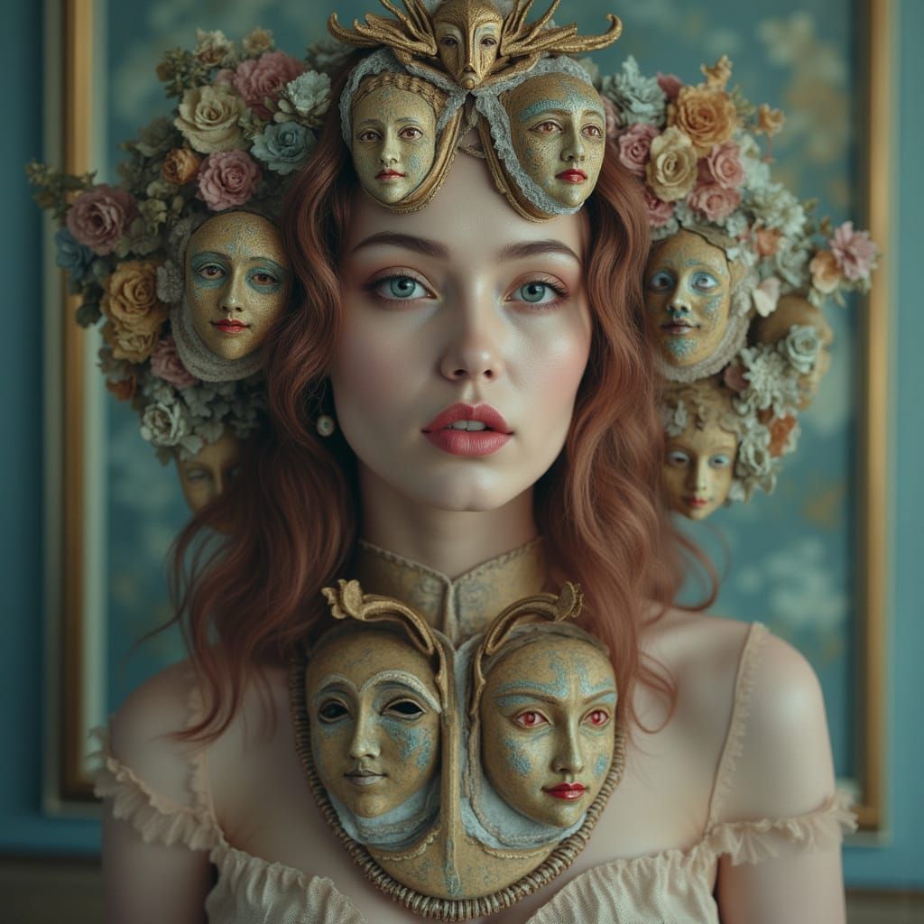 Surreal Woman with Layered Masks in Digital Art
