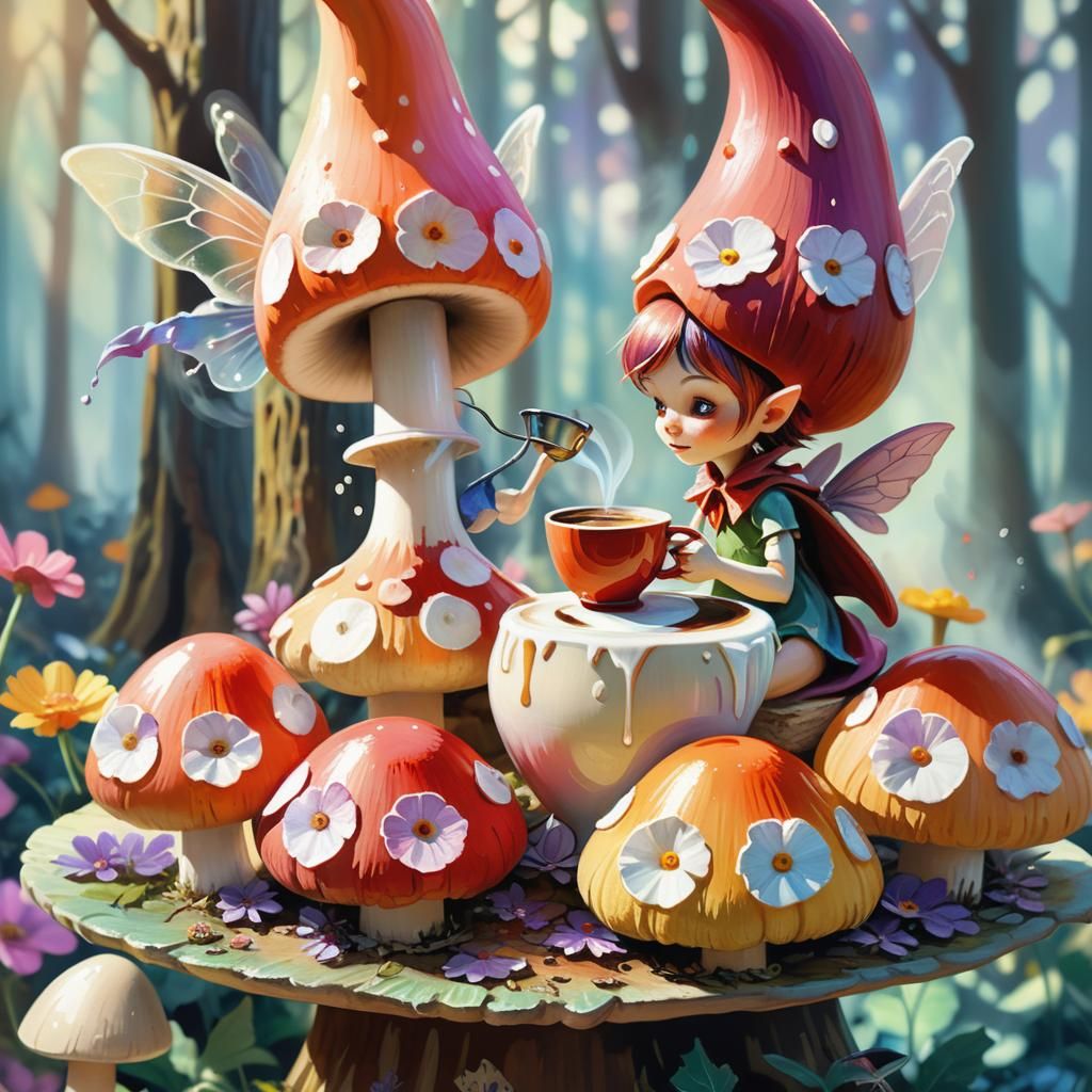 Pixie Enjoys Coffee in Fauvist Forest Scene