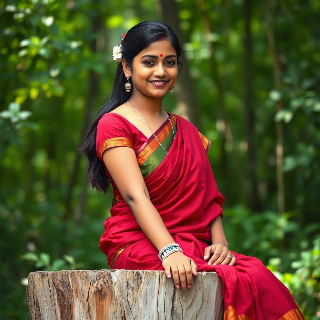 Young Indian woman, likely in her late teens or early twenties, of South Asian ethnicity, seated on a tree stump.  She w...