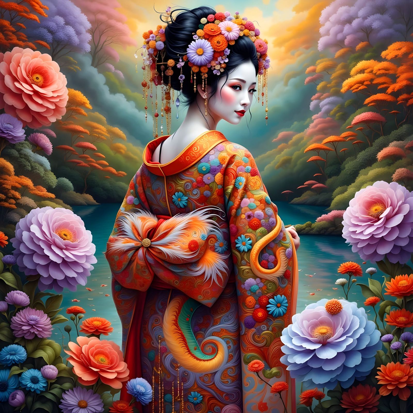 Exquisite Geisha in Vibrant Kimono with Dragon Design