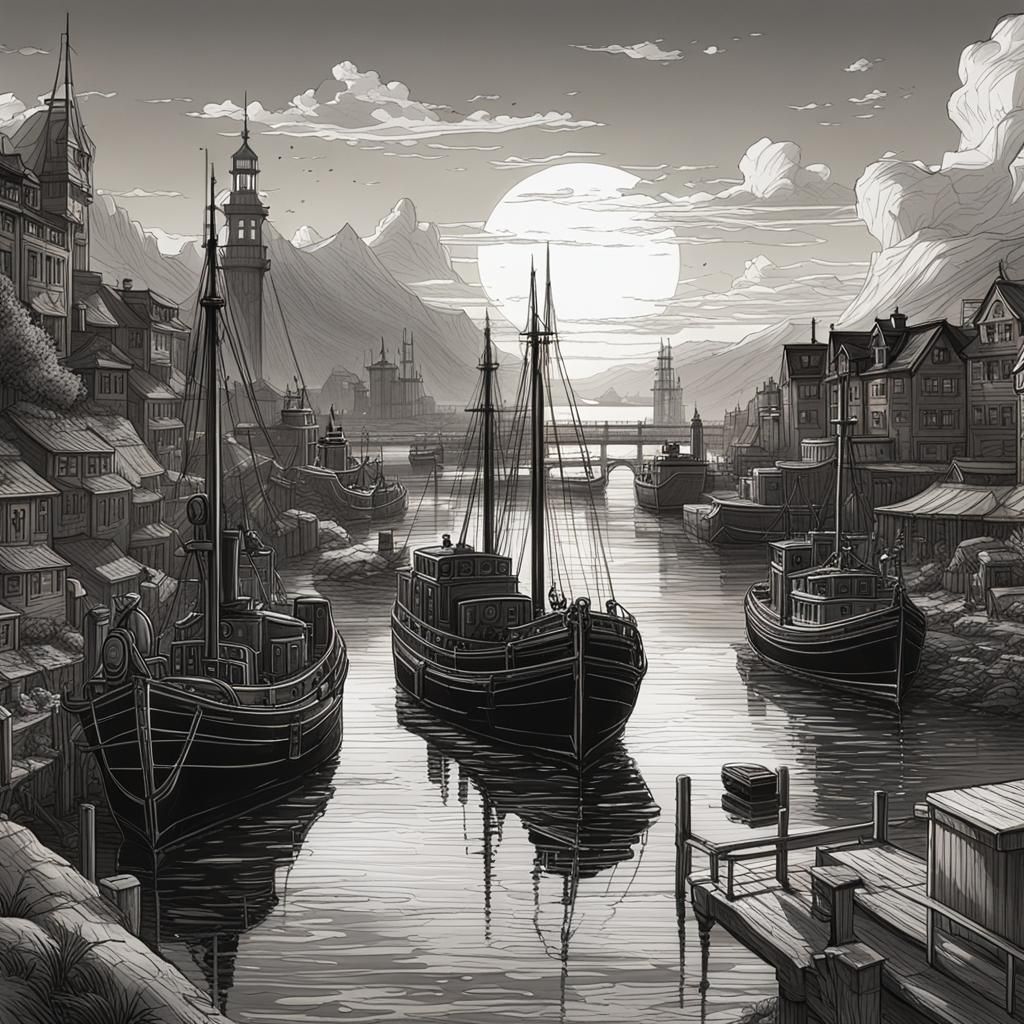 Black and White Harbour Line Drawing at Sundown