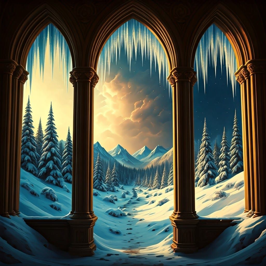 Winter Landscape Through Ornate Window, Romantic Style