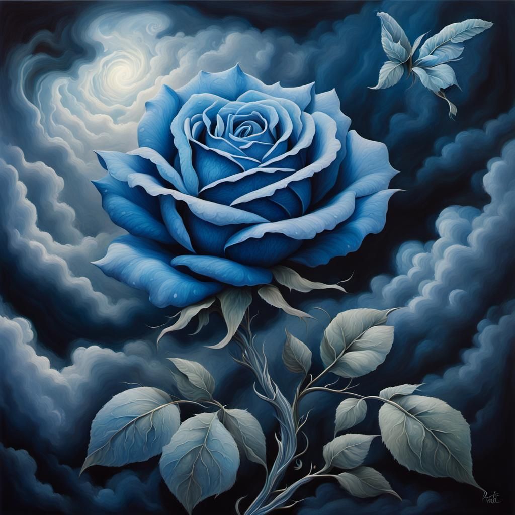 Surreal Blue Rose in Dramatic, Hyperrealistic Painting