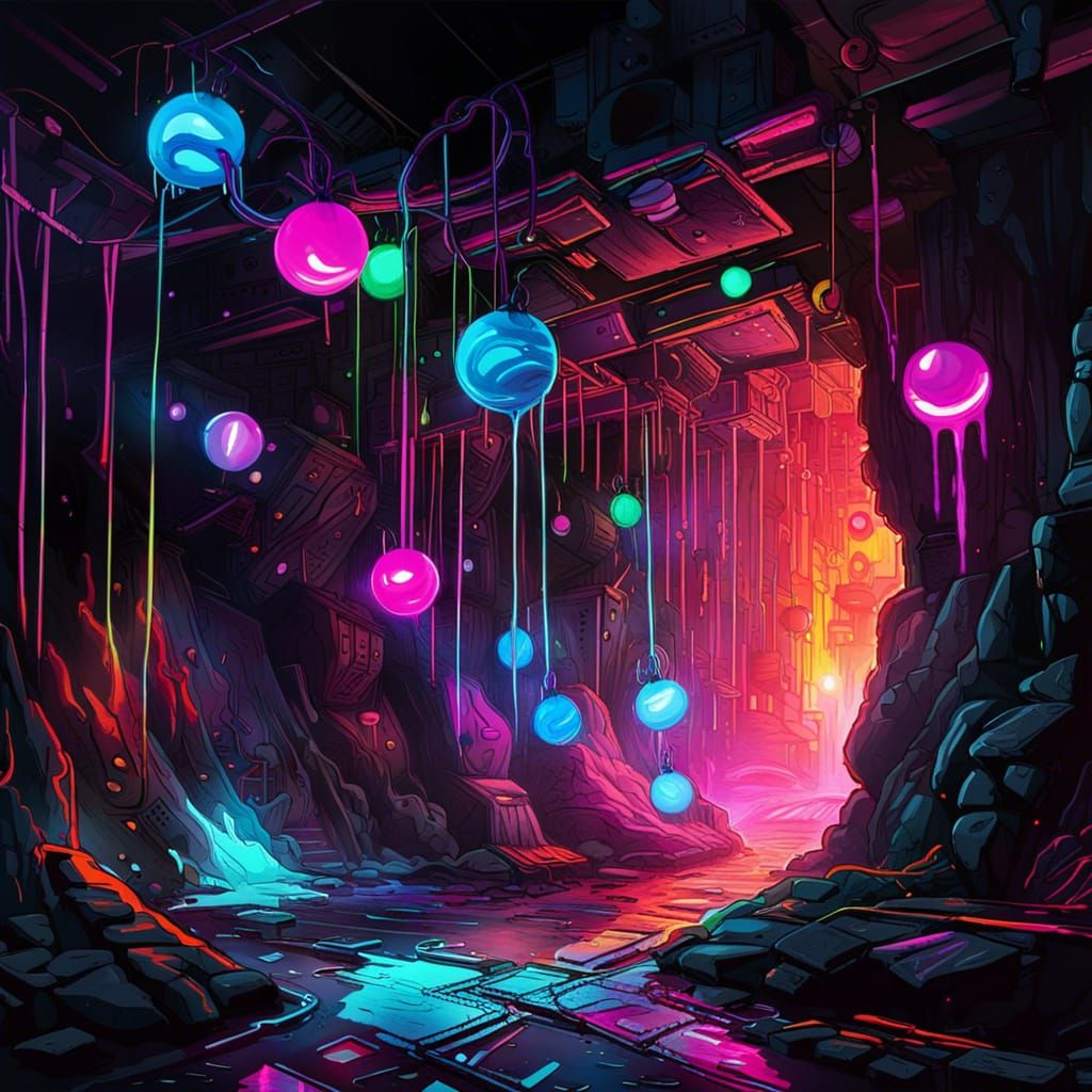 Glowing Orbs Descend into Cyberpunk Neon Cavern