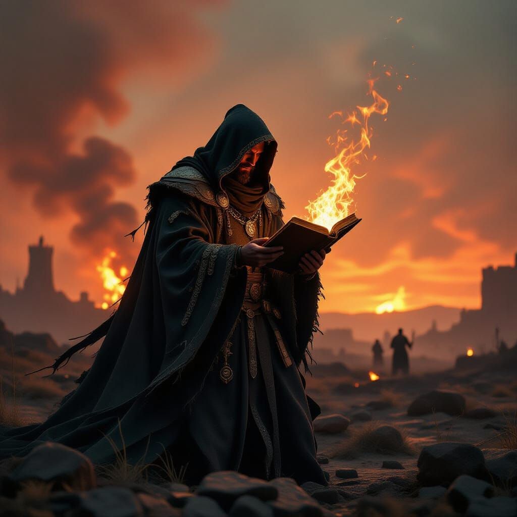 Eligos: Mystical Warlock in War-Torn Landscape