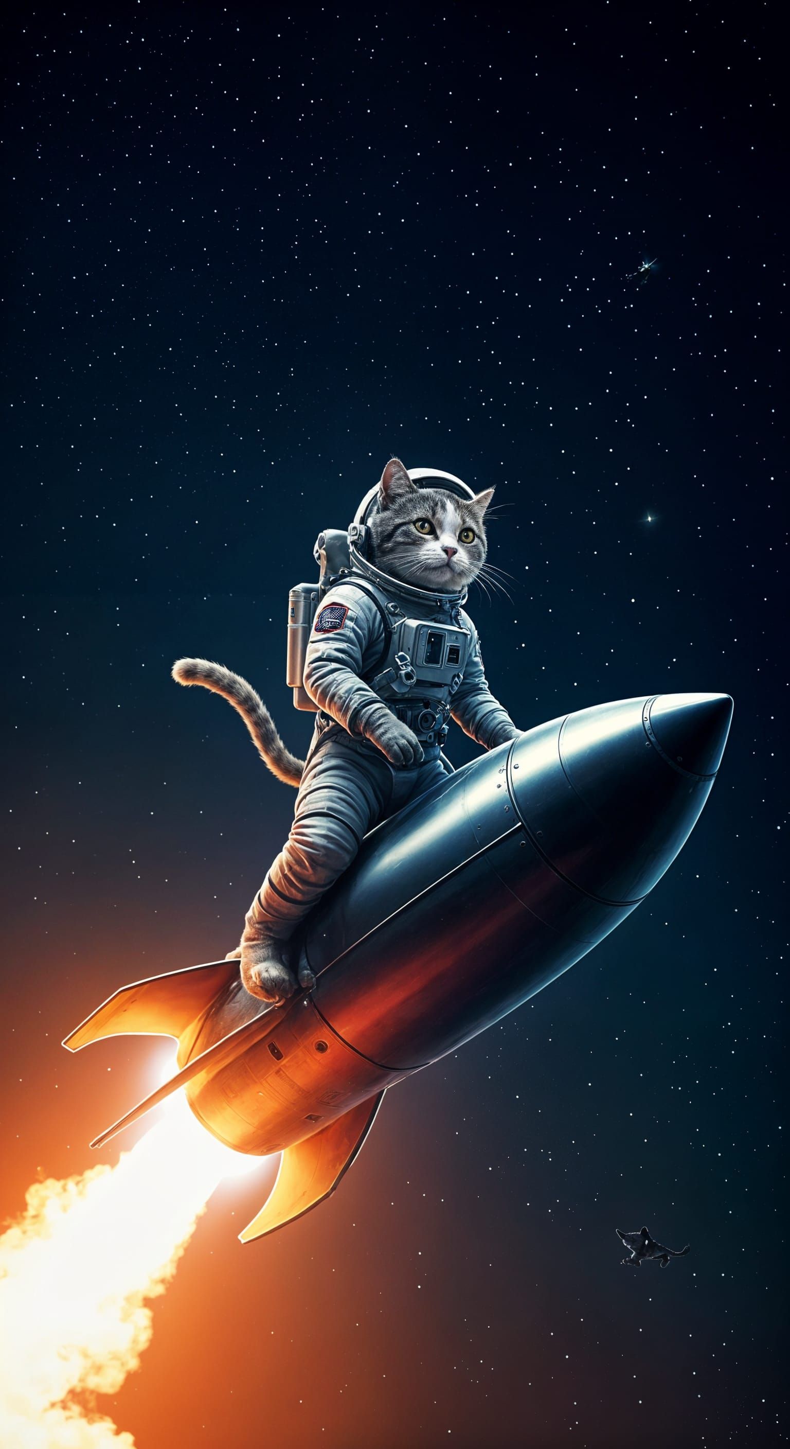 Cat Astronaut Soaring on Rocket in Space