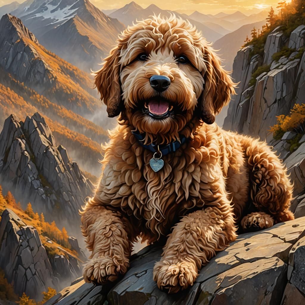Fluffy Goldendoodle Climbs a Steep Mountain