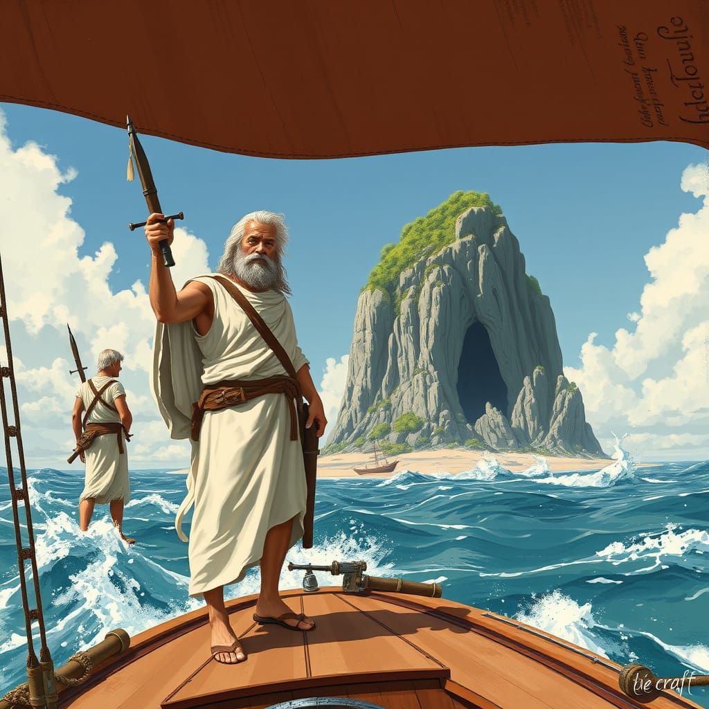 Greek Explorer on Ship Approaching Island Cave