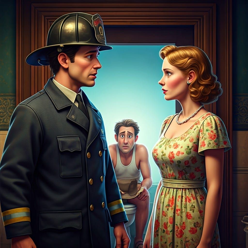 Fireman Talks to Housewife in Cinematic 3D Art