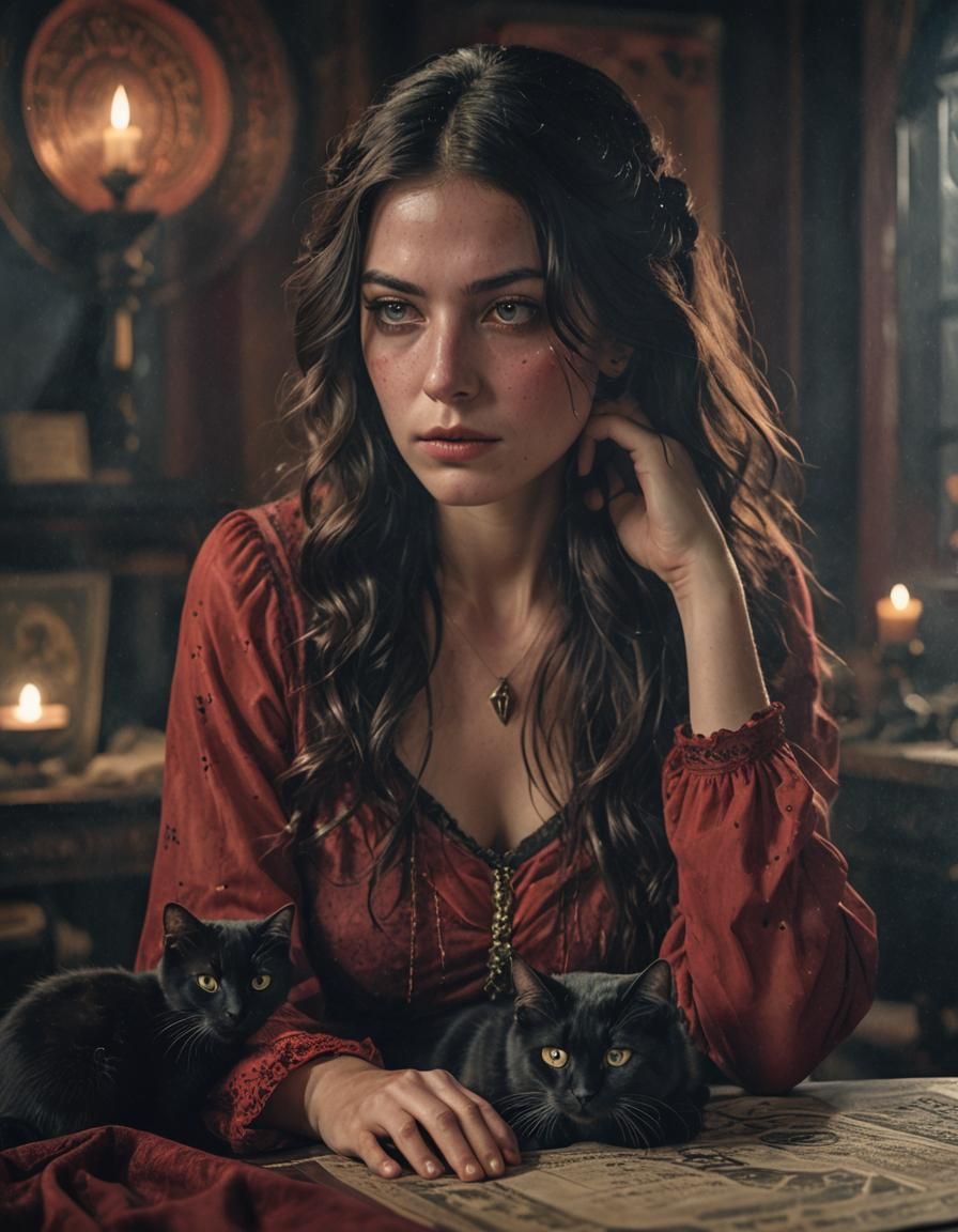 Mystical Fortune Teller with Crystal Ball and Black Cat