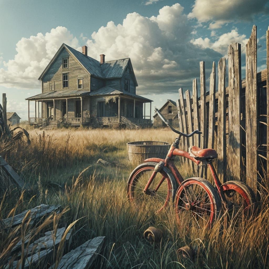 Whimsical Abandoned Tricycle Scene in Photorealistic Style