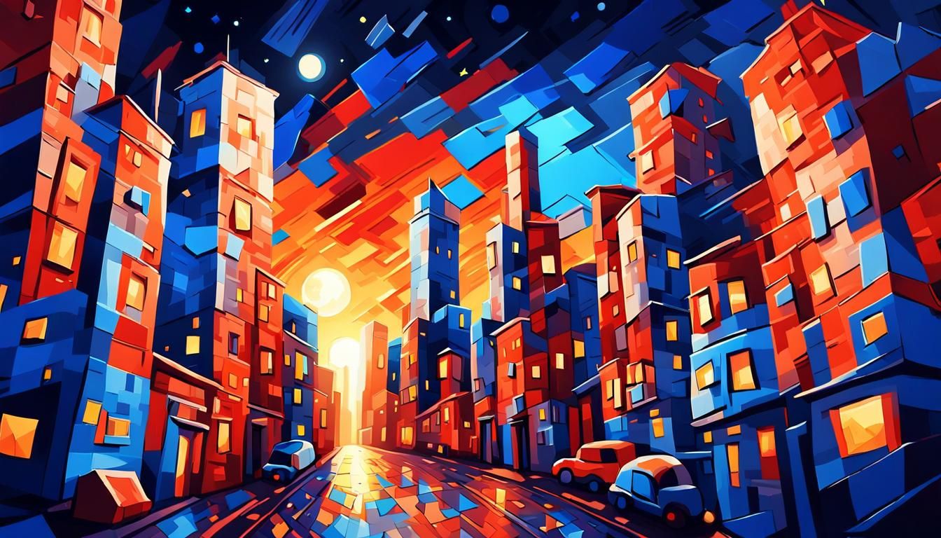 Starry Sky Cityscape in Cubist Fauvist Style
