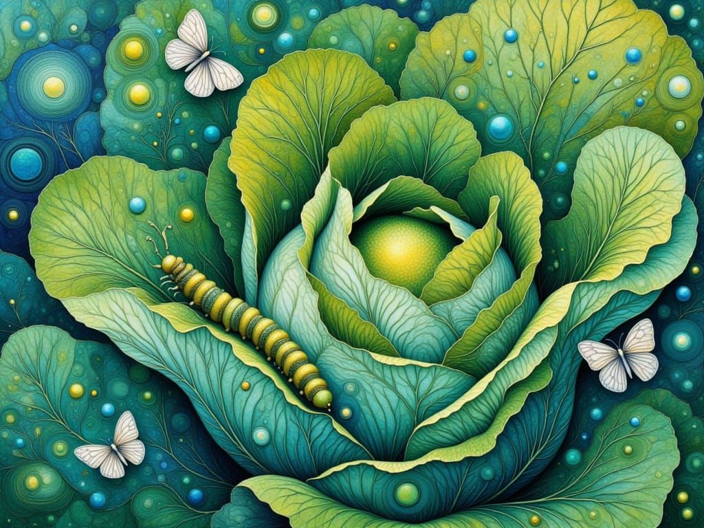 Whimsical Folkart Scene of a Vibrant Fractal Cabbage