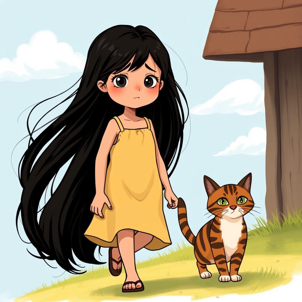 Young Girl Walking Home with Worried Cat in Whimsical Landsc...