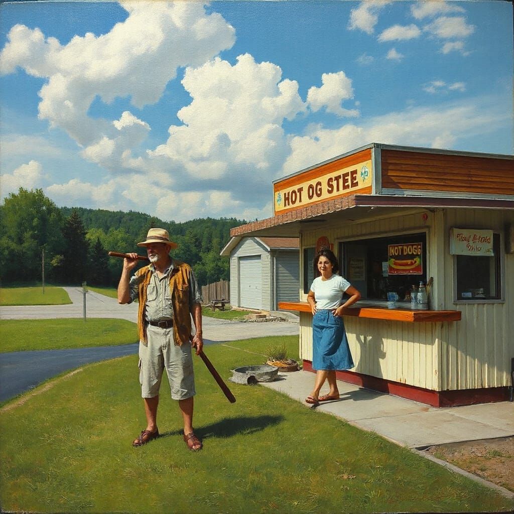 Nostalgic Oil Painting: Man, Stick, and Hot Dog Stand