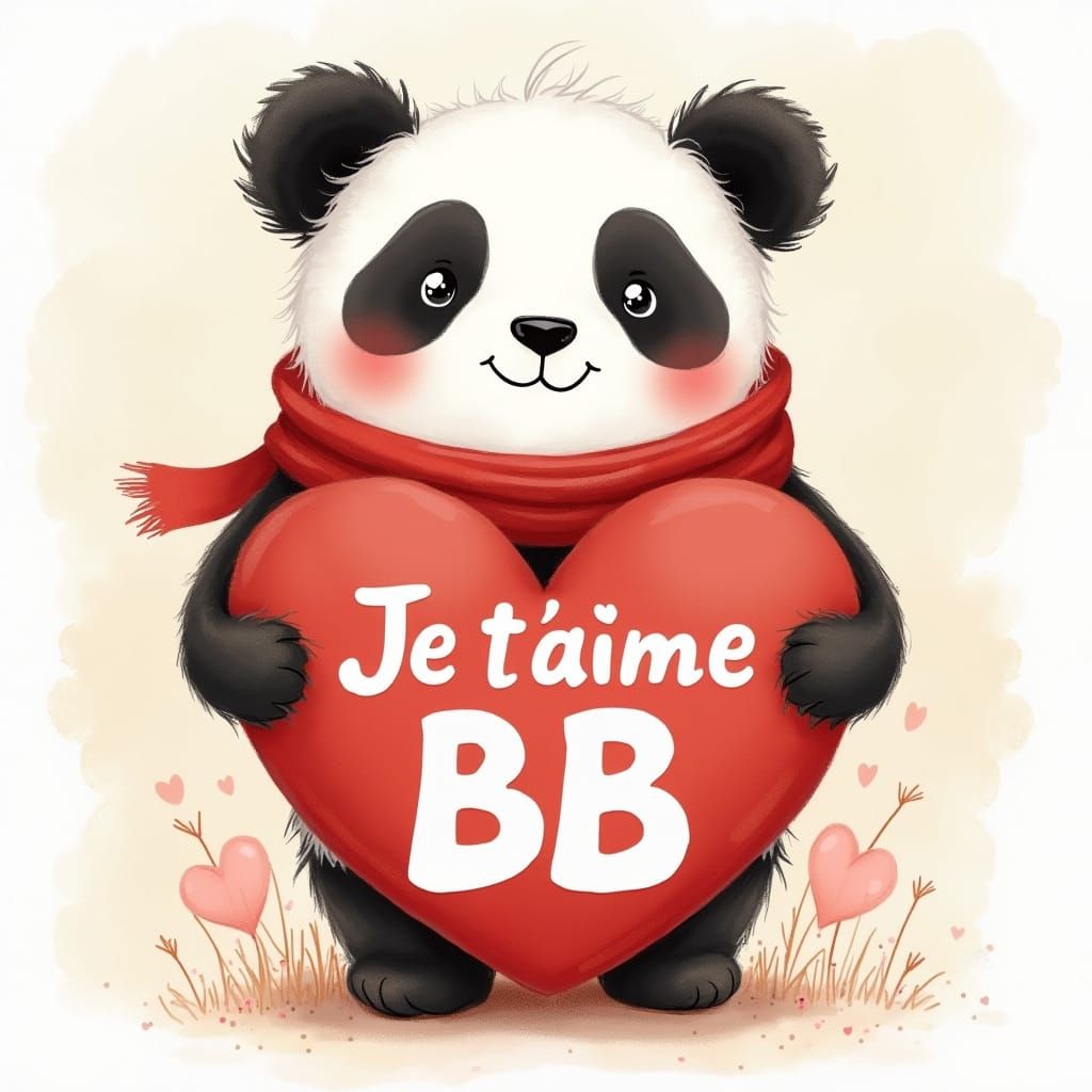 Whimsical Panda Wears Heartfelt Sign in Red Scarf