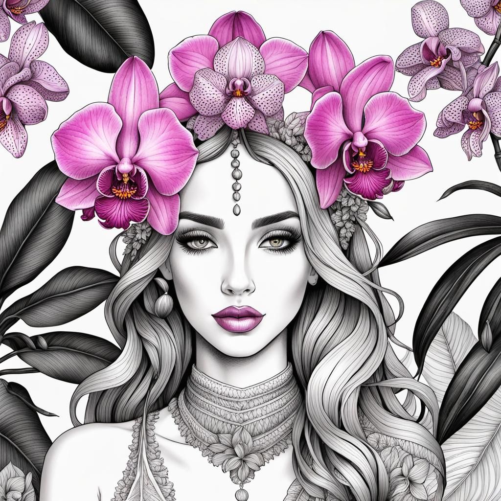 Orchid Crowned Girl: Botanical Ink Line Art