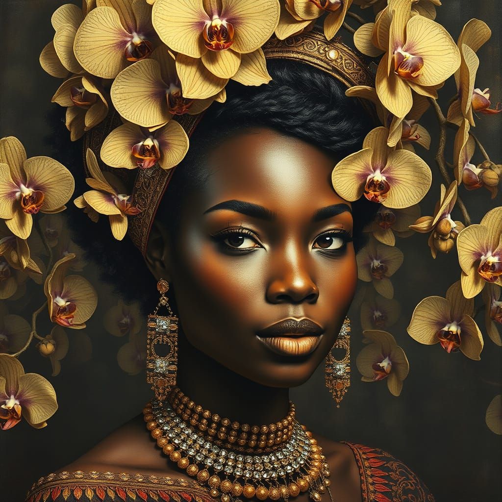African Goddess Amongst Opulent Orchids in Gilded Splendor