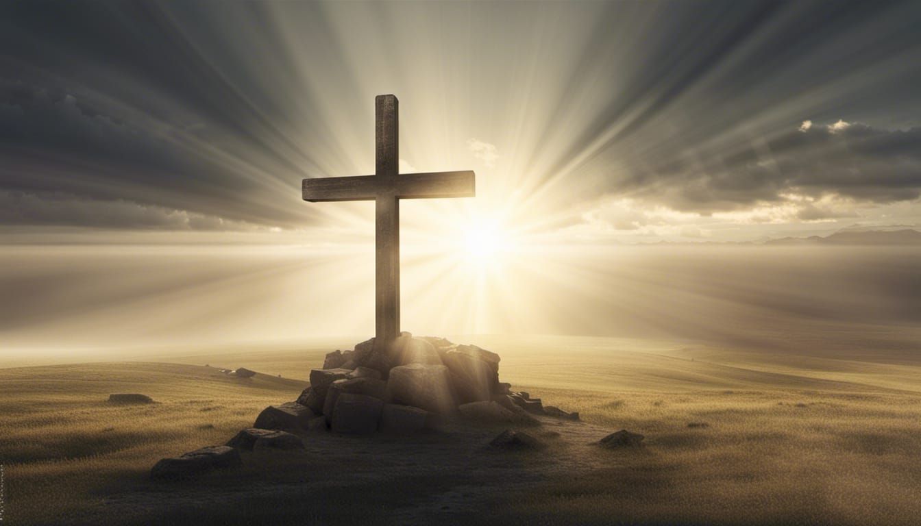 Sun Rays Over Christian Cross in Distance