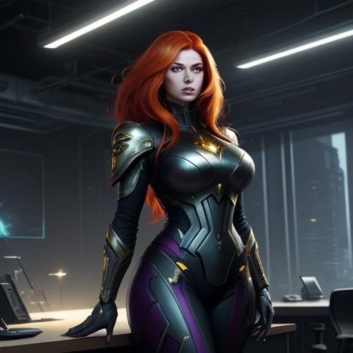 Futuristic Ginger Woman in Office: Dark Fantasy Art