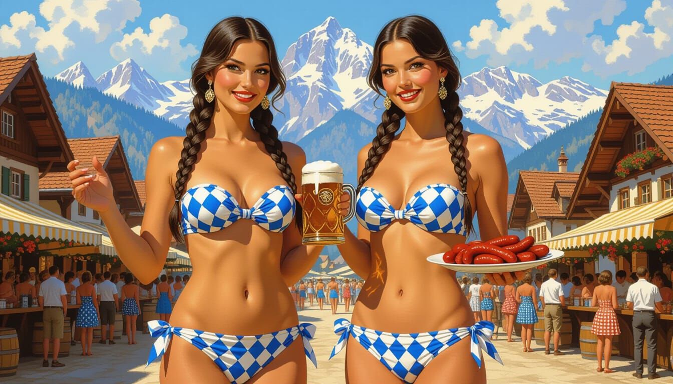 Oktoberfest Women with Beer and Sausages in Frazetta Style