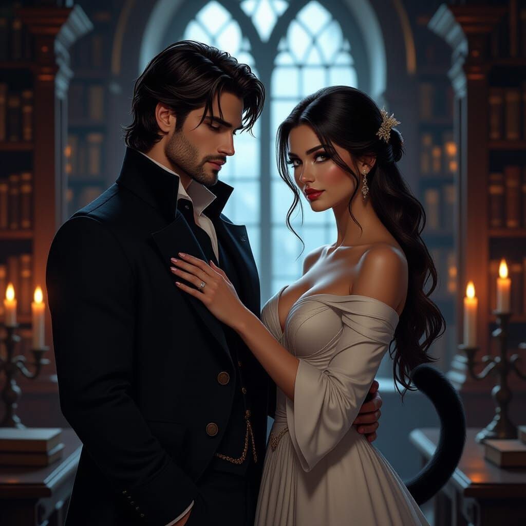 Feline Man and Woman in Candlelit Library