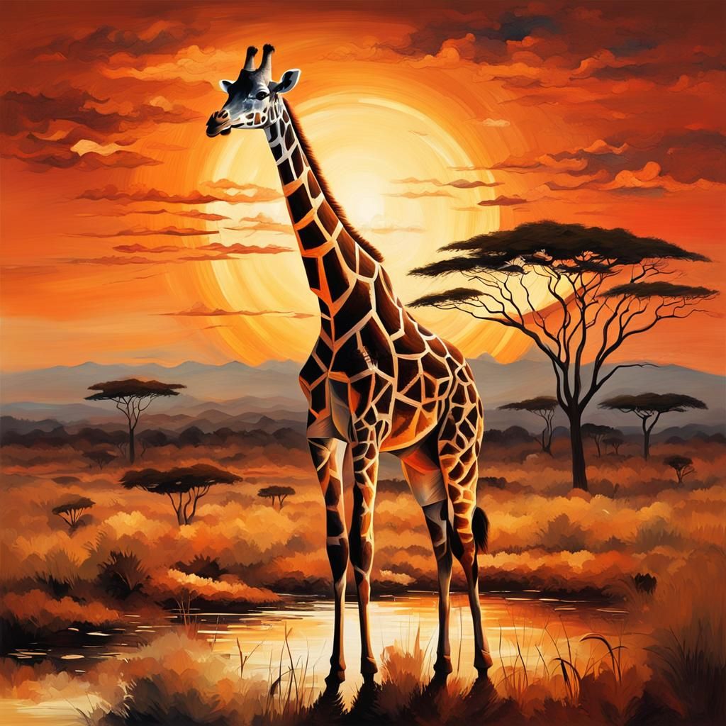 Giraffe in African Sunset: Abstract Oil Painting