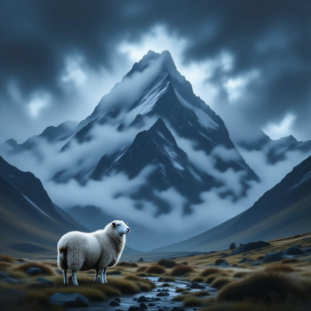 Ominous Mountain Range with Sheep in Dramatic Style