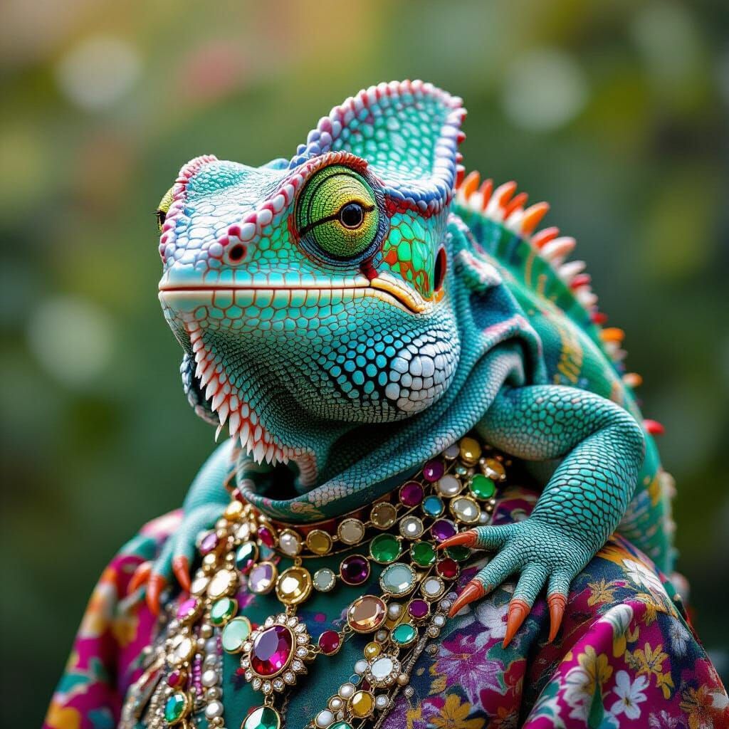 Hyperrealistic Chameleon Portrait with Futuristic Jewelry