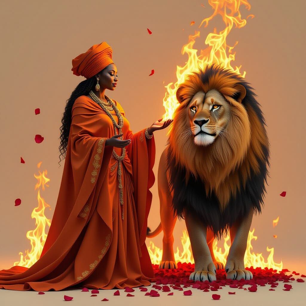 Fiery African Spirit Woman with Lion in Afrofuturist Style