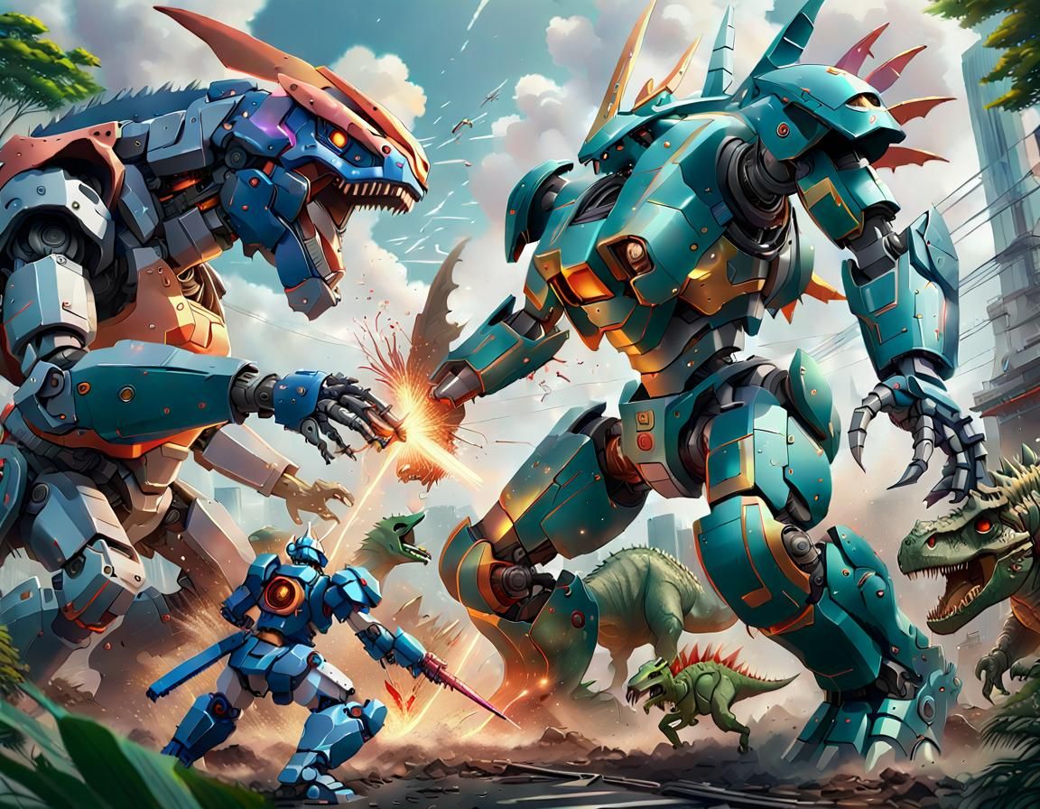 Mecha Robot vs Dinosaur Kaiju in Epic Battle