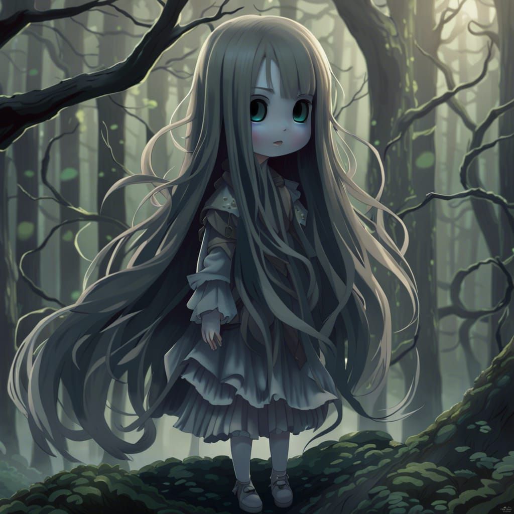 Hyperrealistic Chibi Ghost Girl in Gloomy Forest