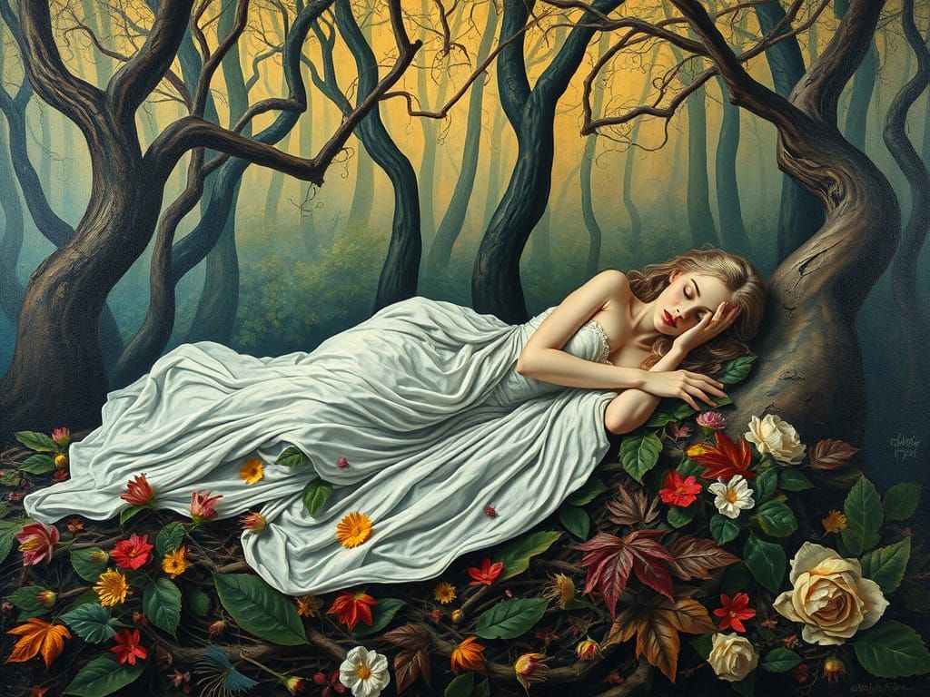 Surreal Sleeping Beauty in Dreamlike Forest
