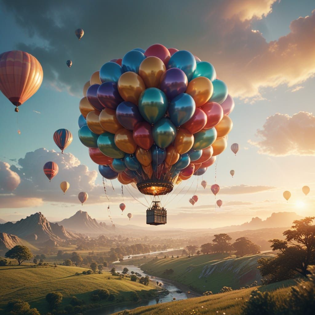 Airship of Multicolored Balloons in Dreamy Landscape