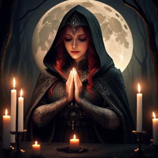 Crying Woman in Forest Cave Under Blood Moon