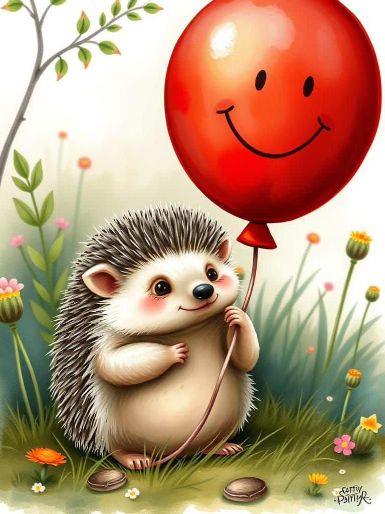 Cute Hedgehog with Red Balloon in Watercolor Style