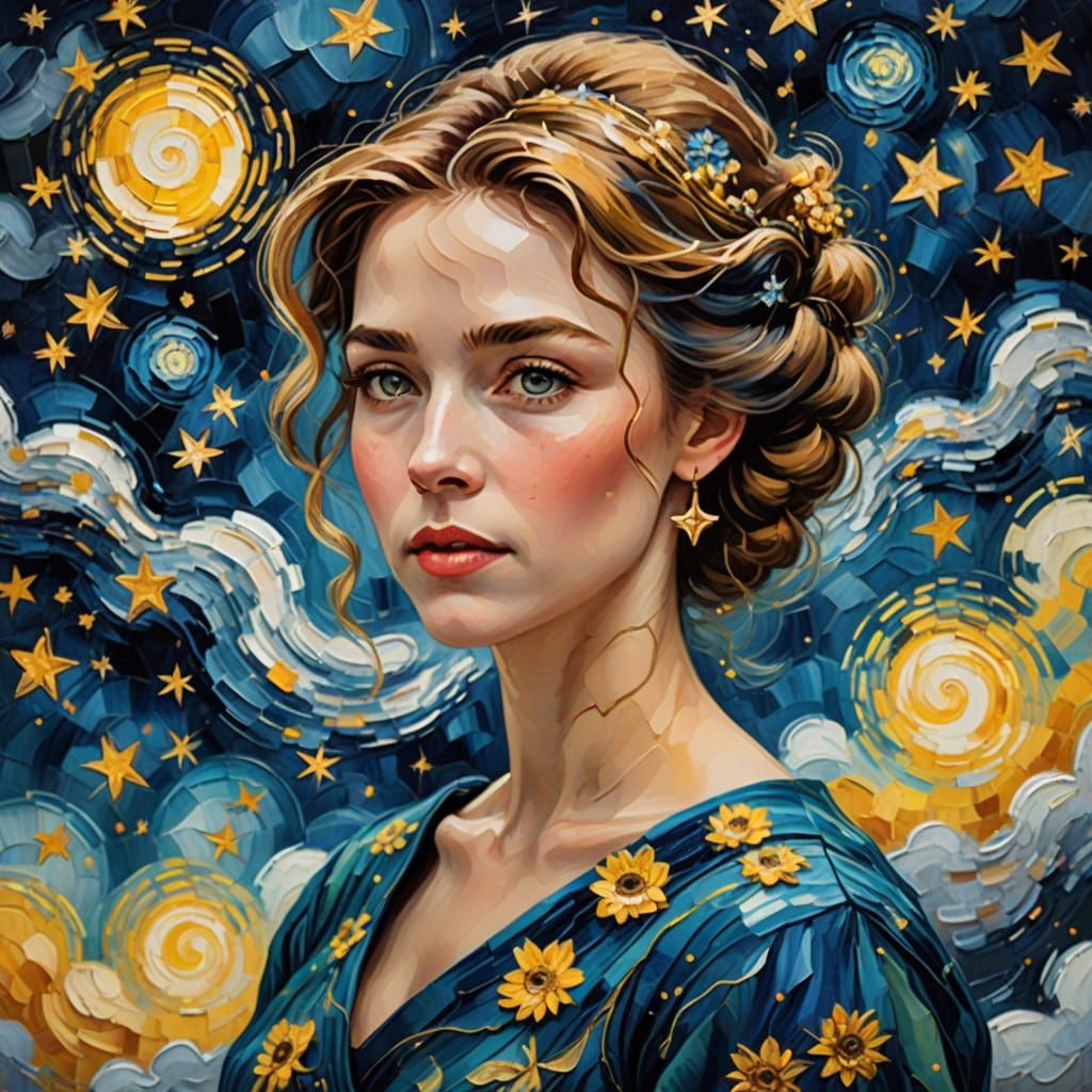 Whimsical Starry Night Portrait in Vibrant Impressionist Sty...