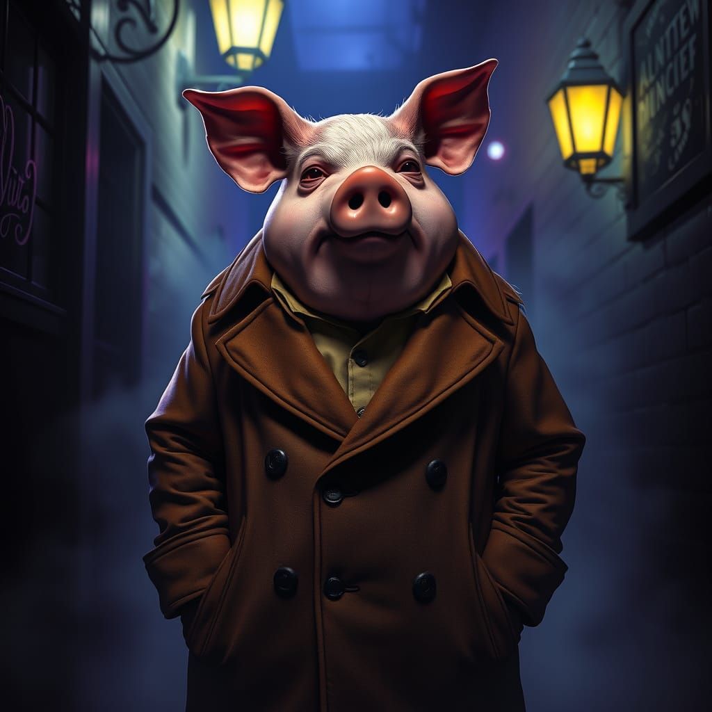 Portly Pig Man Lurks in Dark Alley, Exuding Unexpected Elega...