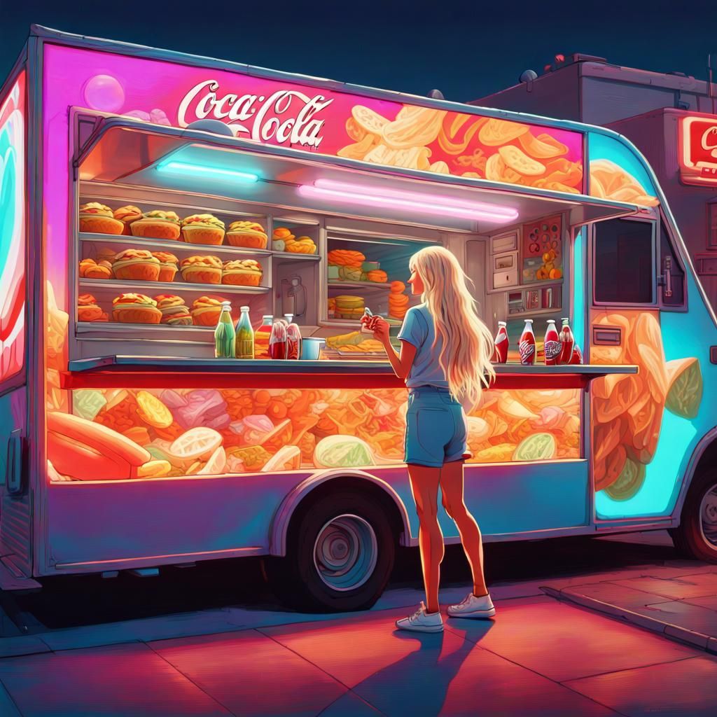 Futuristic Food Truck with Woman Serving Toddlers