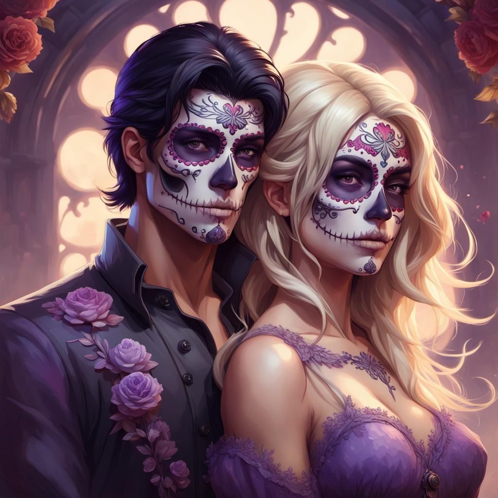 Day of the Dead Couple Portrait in Art Nouveau Style