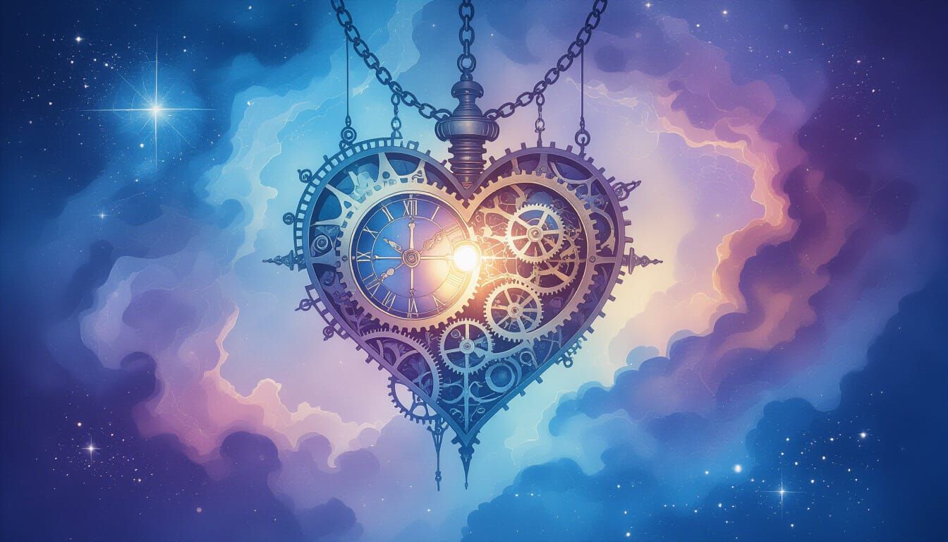 Celestial Clockwork Heart Watercolor in Ethereal Nebula