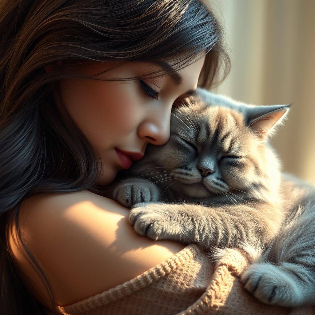 Serene Cat and Owner in Ethereal Landscape
