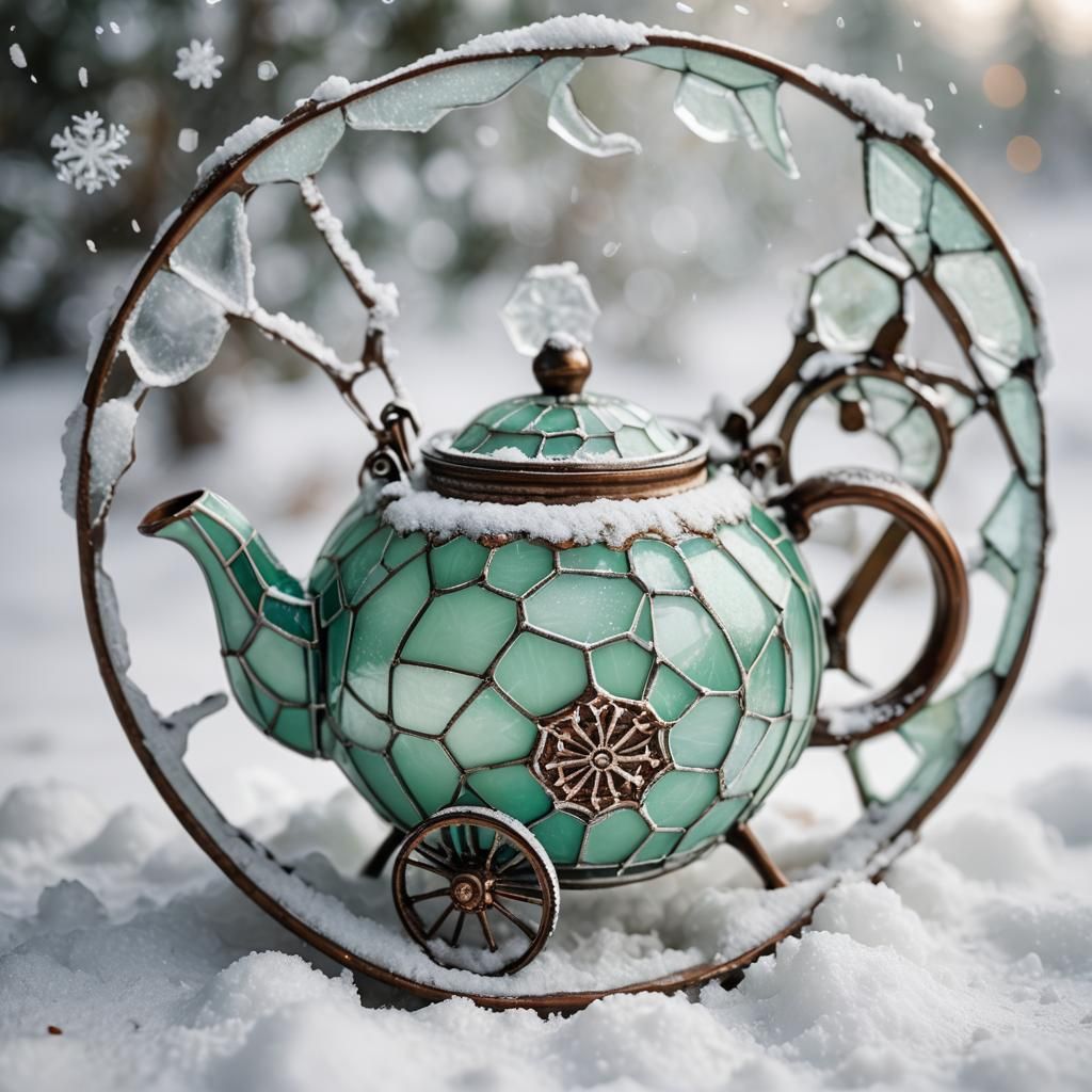 Stained Glass Teapot on Wheels in Winter Wonderland
