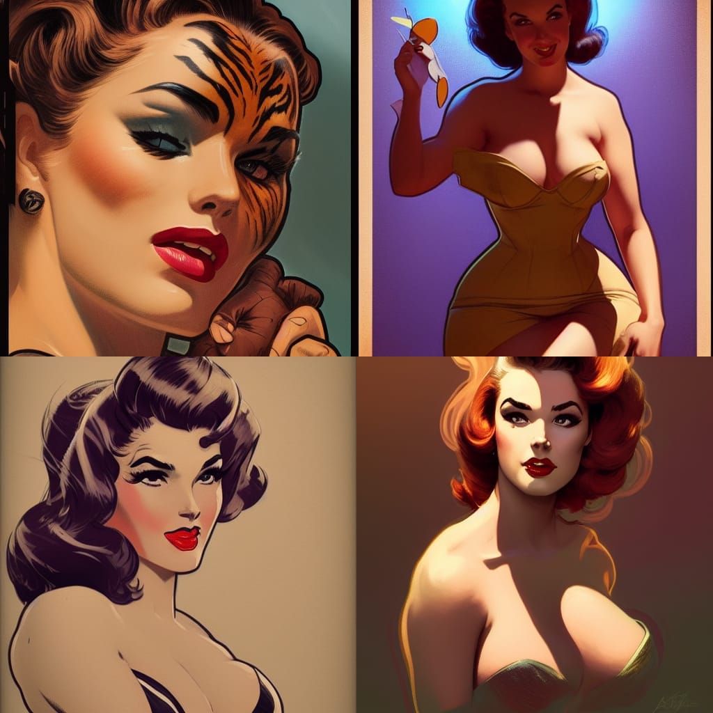 Pinup Woman and Tiger in 1950s Comic Style