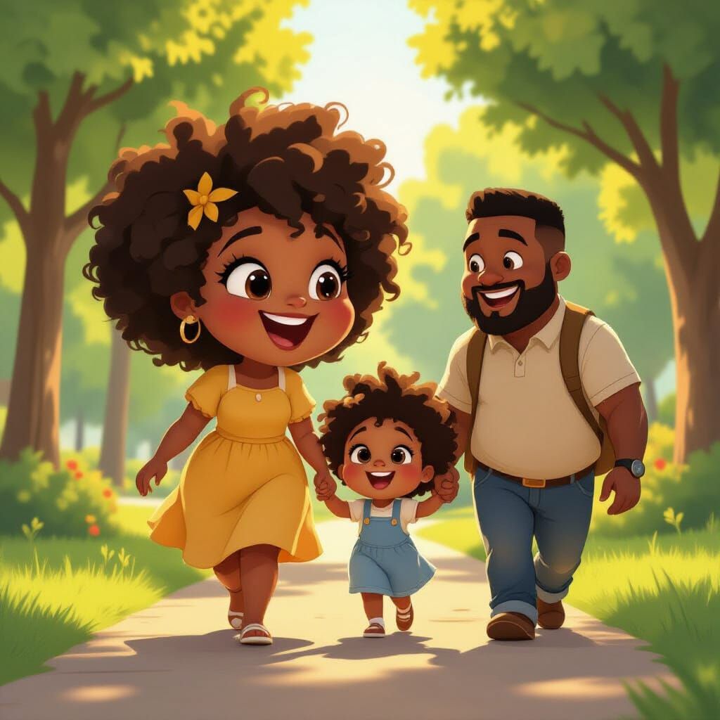 Happy Family Morning Walk in Animated Style