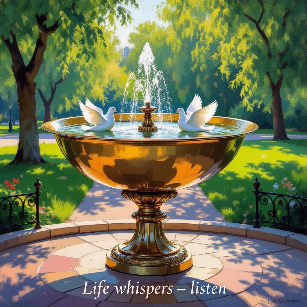 Golden Bowl Fountain with Doves in Monet Style