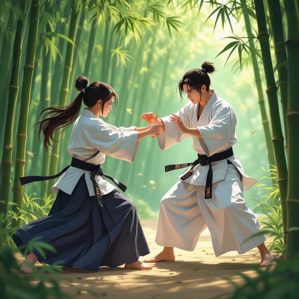 Aikido Sparring in Bamboo Forest, Anime Style