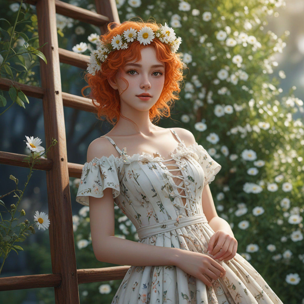 Vibrant Anime Woman Stands in Whimsical Daisy Meadow