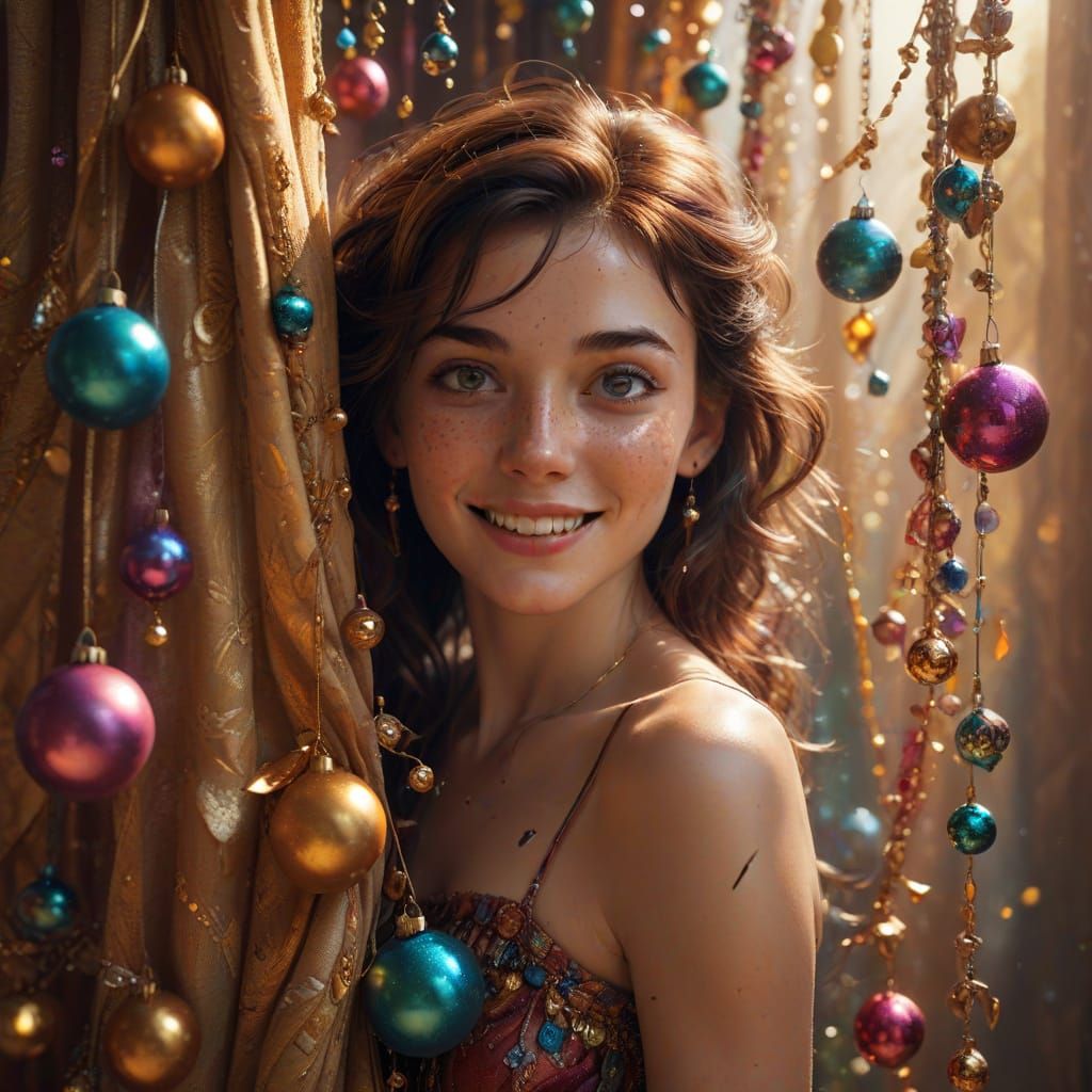 Warm Smile Behind Colorful Ornaments